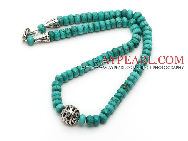 Single Strand Abacus Shape Faceted Green Turquoise Necklace with Round Metal Ball
