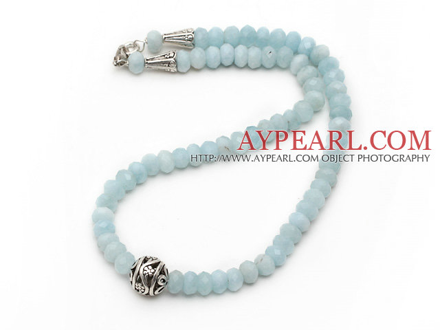 Single Strand Abacus Shape Faceted Aquamarine Necklace with Round Metal Ball