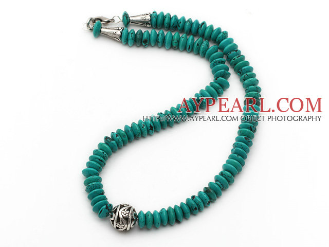 Single Strand Abacus Shape Xinjiang Turquoise Necklace with Round Metal Ball