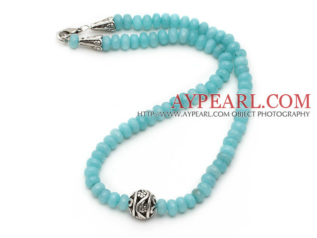 Single Strand Abacus Shape Faceted Blue Jade Necklace with Round Metal Ball
