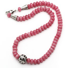 Single Strand Abacus Shape Faceted Pink Jade Necklace with Round Metal Ball