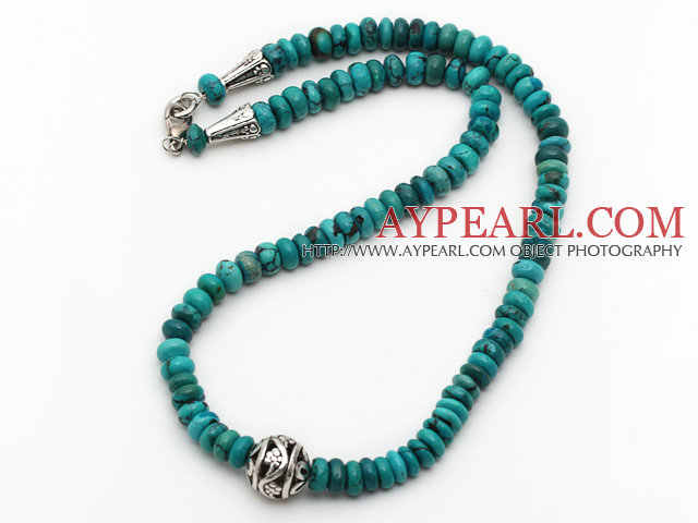 Single Strand Abacus Shape Natural Turquoise Necklace with Round Metal Ball