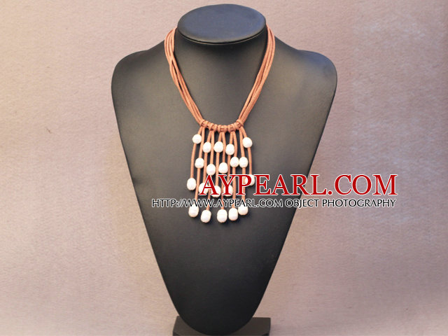 Popular Hot Sale Natural White Freshwater Pearl Brown Leather Tassel Necklace