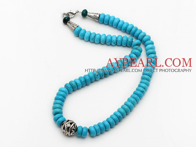 Single Strand Abacus Shape Blue Turquoise Necklace with Round Metal Ball