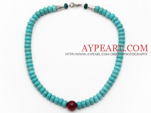 Single Strand Abacus Shape Xinjiang Turquoise Beaded Necklace with Carnelian