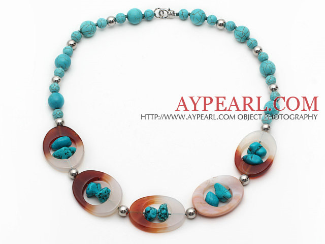 Assorted Turquoise and Agate Donut Necklace with Metal Spacer Beads
