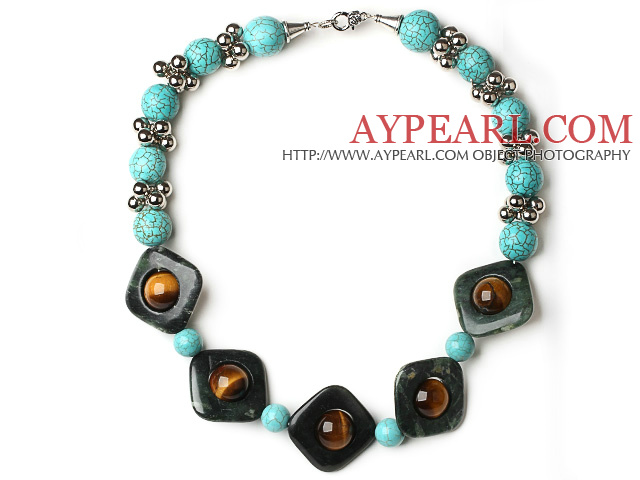 Assorted Turquoise and Tiger Eye and Network Stone Necklace with Metal Spacer Beads