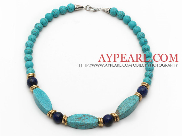 Single Strand Turquoise and Lapis Necklace with Metal Spacer Beads