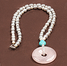 Fashion Nautral Gray Freshwater Pearl Donut Shape Rose Quartz Pendant Necklace