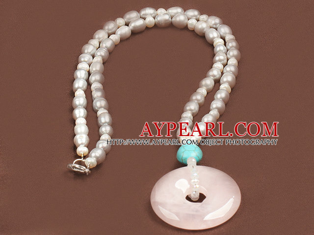 Fashion Nautral Gray Freshwater Pearl Donut Shape Rose Quartz Pendant Necklace