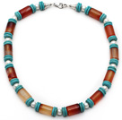 Cylinder Shape Carnelian and White Freshwater Pearl and Turquoise Necklace