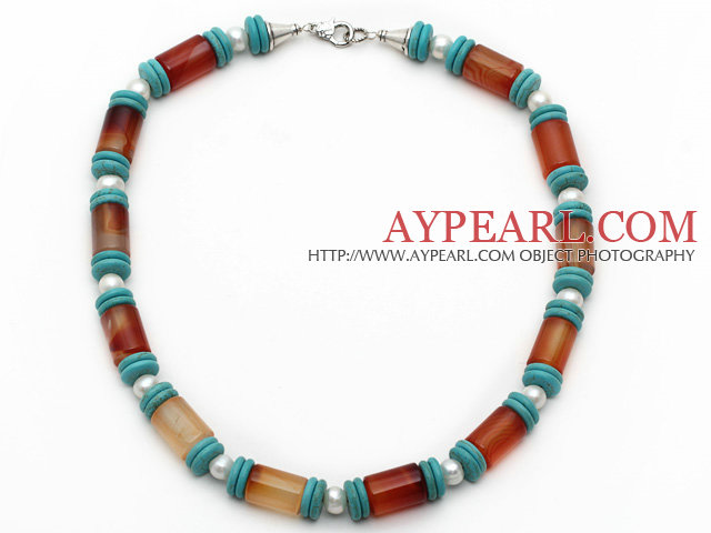 Cylinder Shape Carnelian and White Freshwater Pearl and Turquoise Necklace