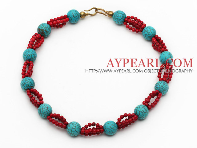 Assorted Round Turquoise and Red Coral Necklace with Yellow Color Metal Clasp