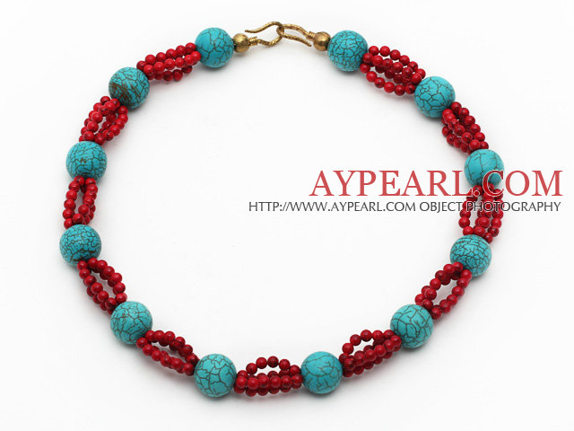 Ποικιλία γύρο Τυρκουάζ και Coral Red κολιέ με κίτρινο μεταλλικό κούμπωμα χρώμα