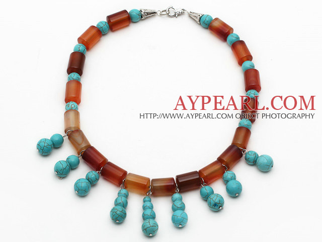 Cylinder Shape Carnelian and Round Turquoise Necklace with Lobster Clasp