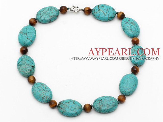 Oval Shape Turquoise and Round Tiger Eye Necklace with Lobster Clasp