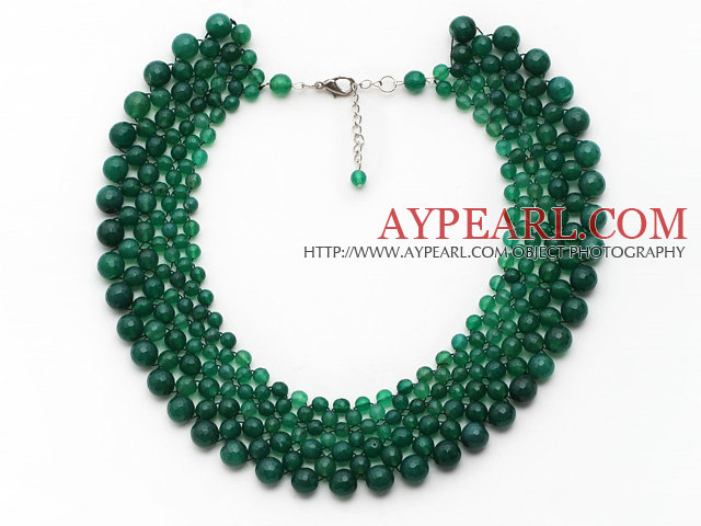 Elegant Style Faceted Green Agate Crocheted Graduated Choker Necklace with Extendable Chain