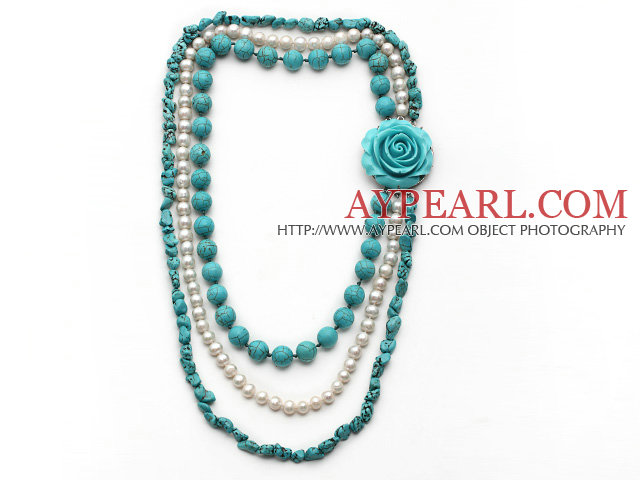 Multi Strands White Freshwater Pearl and Turquiose Necklace with Turquoise Flower Clasp