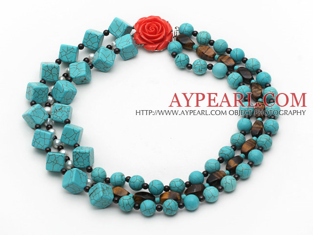 Multi Strands Square Shape Turquoise and Garnet and Tiger Eye and White Pearl Necklace