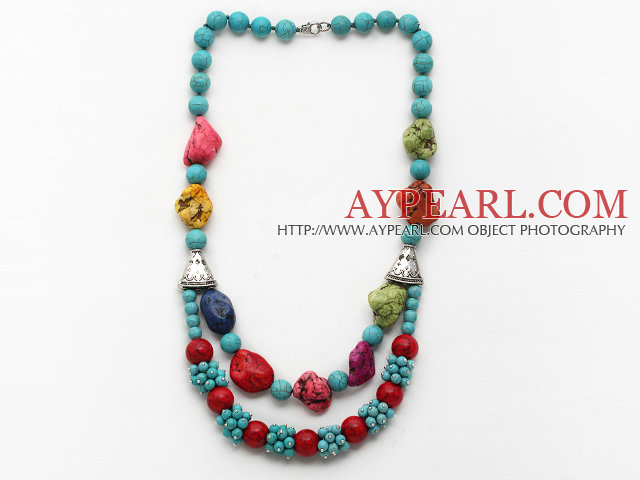 Double Layer Turquoise och Alaqueca och oregelbunden form färgad turkos halsband