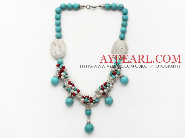 Assorted Turquoise and White Freshwater Pearl and Red Coral Necklace