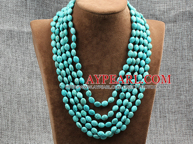 Elegant stil Multi Strands oval turkos Knutna Necklace