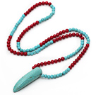 Wholesale Long Style Red Coral and Turquoise Necklace with Long Teeth Shape Turquoise Pendant