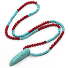 Long Style Red Coral and Turquoise Necklace with Long Teeth Shape Turquoise Pendant