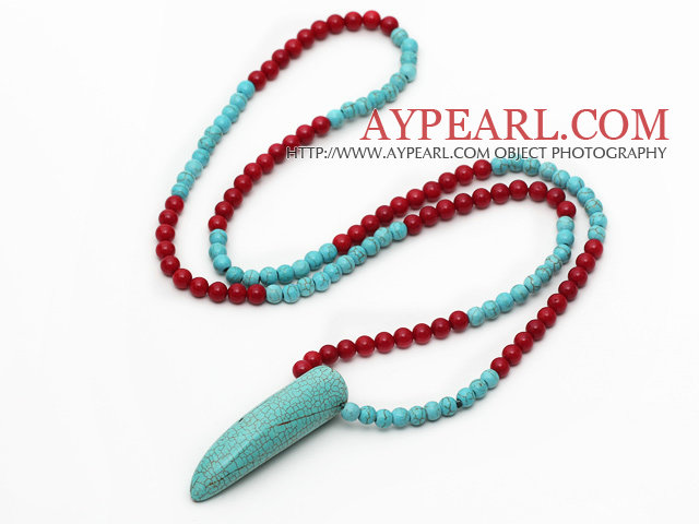 Lange Ausführung Rote Koralle und Türkis Halskette mit langen Zähnen Form Türkis Anhänger