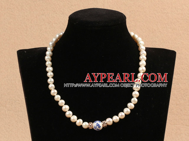 Best Mother Gift Graceful Natural White Pearl Blue And White Porcelain Bead Party Necklace With Heart Clasp