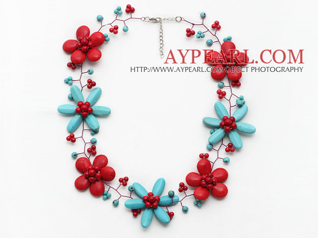New Design Turquoise and Alaqueca and Red Coral Flower Wire Crocheted Necklace with Extendable Chain
