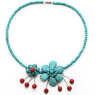 Elegant Style Turquoise and Red Coral Flower Necklace with Metal Clasp