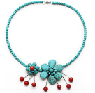 Κομψό στυλ Turquoise και Red Coral κολιέ λουλούδι με μεταλλική αγκράφα