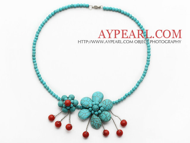 Elegant stil Turkis og Red Coral Flower Halskjede med Metal Clasp