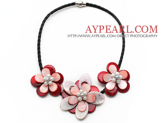 White Freshwater Pearl and Red Shell Flower Leather Necklace with Black Leather and Magnetic Clasp