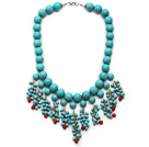 Assorted Turquoise and Red Coral Tassel Bib Necklace with Metal Clasp