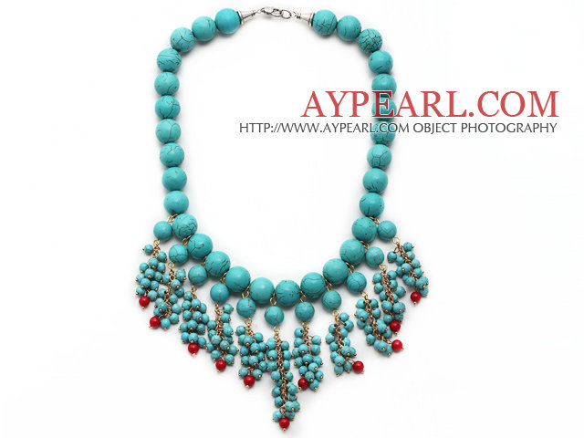 Assorted Turquoise and Red Coral Tassel Bib Necklace with Metal Clasp