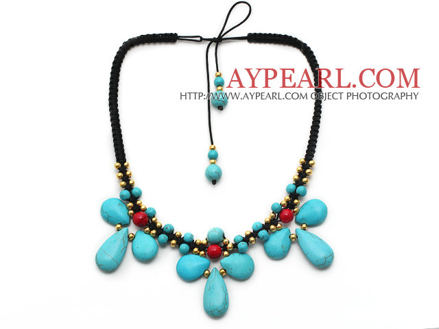 Turquoise and Alaqueca and Yellow Color Metal Beads Necklace with Black Thread