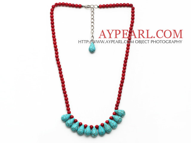 Assorted Red Coral and Teardrop Turquoise Necklace with Extendable Chain