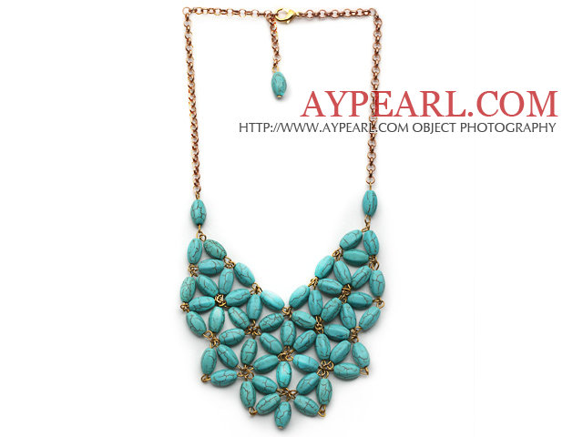 Fashion Style Turquoise Flower Bib Statement Necklace with Golden Color Metal Chain