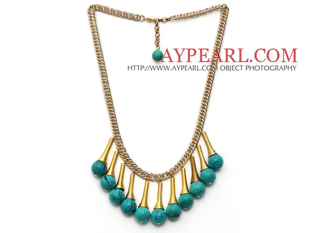 Fashion Style Turquoise Tassel Necklace with Golden Color Metal Chain and Extendable Chain