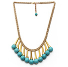 Burst Pattern Turquoise Tassel Necklace with Golden Color Metal Chain and Extendable Chain