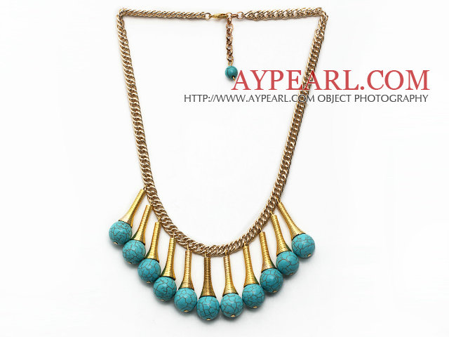 Burst Pattern Turquoise Tassel Necklace with Golden Color Metal Chain and Extendable Chain