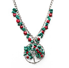 Assorted Red Coral and Clear Crystal and Turquoise Necklace with Life Tree Pendant and Metal Chain