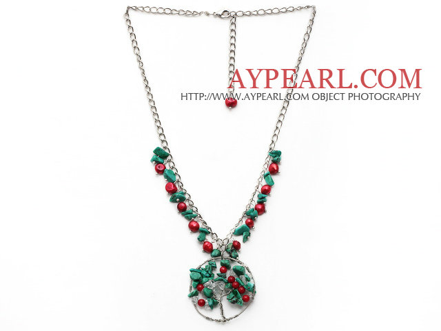 Assorted Red Coral and Clear Crystal and Turquoise Necklace with Life Tree Pendant and Metal Chain