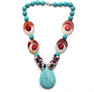 Wholesale Assorted Turquoise and Red Coral and Agate and White Pearl and Amethyst Necklace with Teardrop Shape Turquoise Pendant