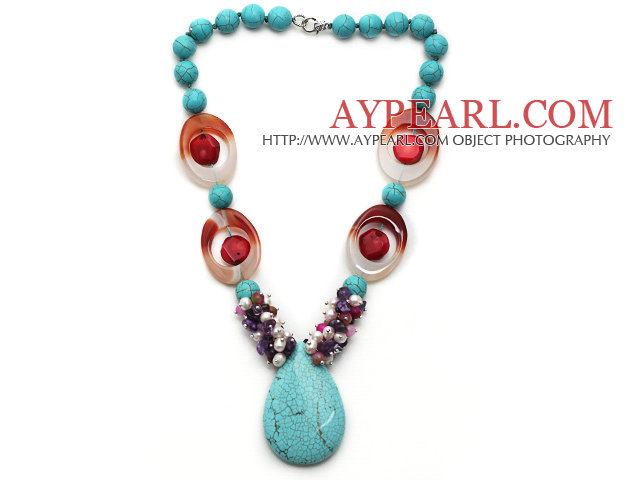 Assorted Turquoise and Red Coral and Agate and White Pearl and Amethyst Necklace with Teardrop Shape Turquoise Pendant
