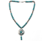 Turquoise and Metal Spacer Beads Y Shape Necklace with Blue and White Jade Donut