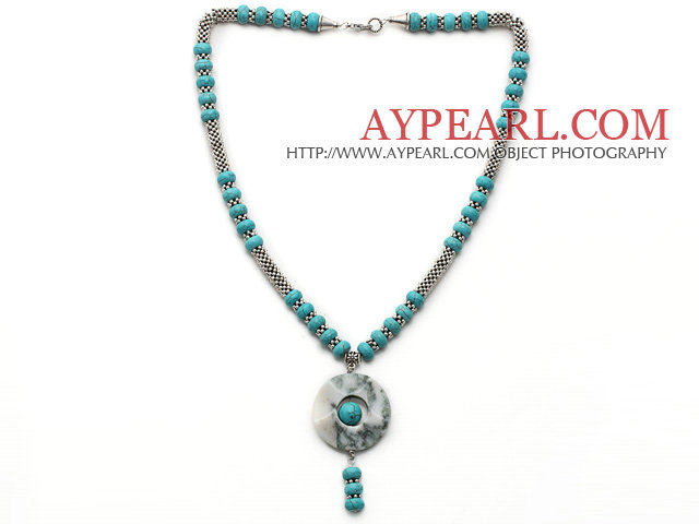 Türkis und Metall Spacer Beads Y-Form Halskette mit blauer und weißer Jade Donut