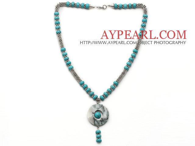 Turquoise και Metal Spacer χάντρες κολιέ σχήμα Y με μπλε και λευκό νεφρίτη Donut